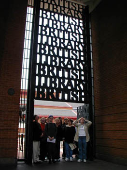 Our group under the sign for the British Library in London.