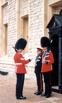Changing of the guard at the Jewel Tower of the Tower of London.